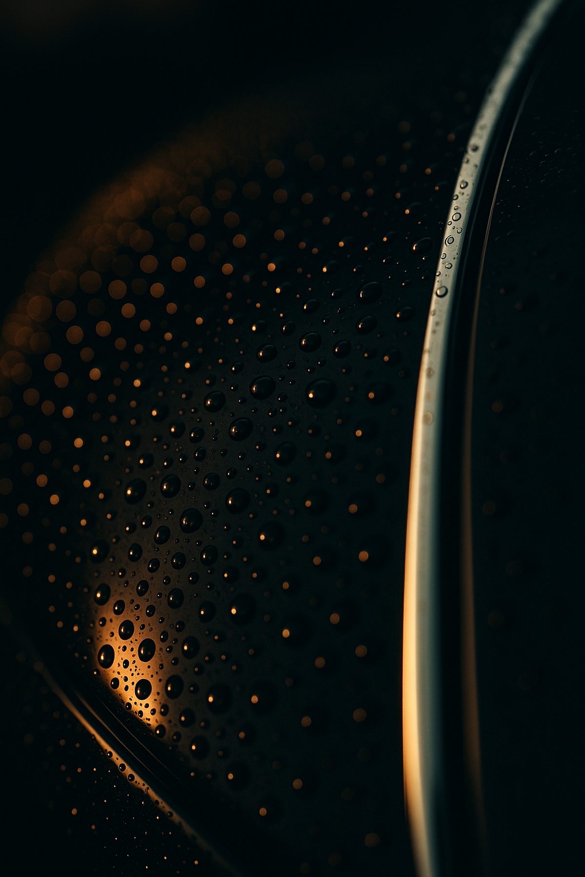 Water beading on a freshly waxed black car panel, golden hour light.